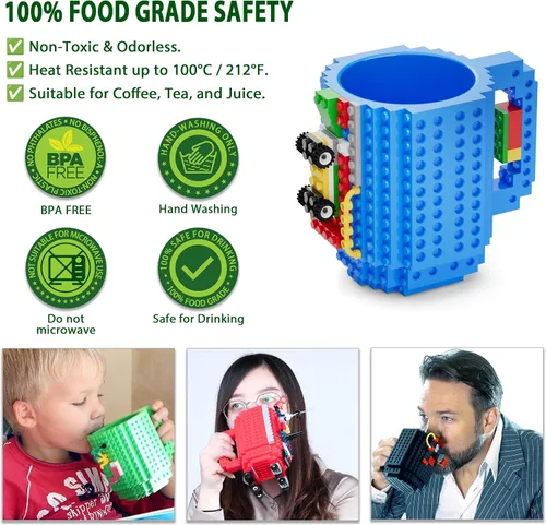 Miniatura 3 de DAYMOO Juego de tazas de ladrillo integradas con 3 paquetes aleatorios de ladrillos 2 en 1, tazas de café geniales para niños, creativas, Azul