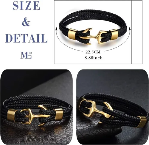 Miniatura 3 de MicLee Pulsera de cuero de anclaje vintage para hombre, pulsera multicapa, pulsera de cuerda con caja de regalo
