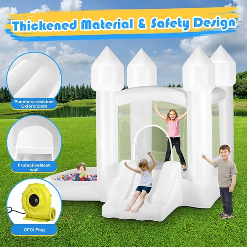 Miniatura 6 de Casa de rebote blanca para niños con bolas, casa inflable para interiores y exteriores, incluye soplador, fácil instalación, castillo animoso