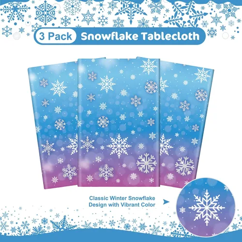Miniatura 4 de 3 manteles de invierno con copos de nieve – Mantel de plástico de Frozen Wonderland desechable, rectangular, copos de nieve para suministros