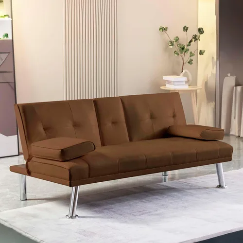 Miniatura 7 de Sofá cama tipo futón moderno de 66.5 pulgadas con patas de metal/2 portavasos, sofá biplaza tapizado plegable convertible, asiento de espuma