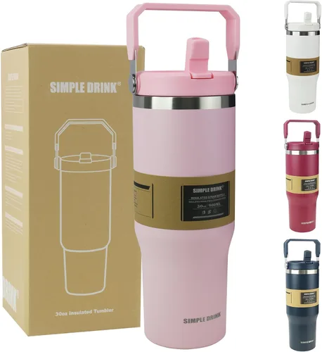 Miniatura 10 de Botella de agua aislada con pajilla abatible de 30 onzas con asa, vaso de acero inoxidable a prueba de fugas, taza de café de viaje al vacío