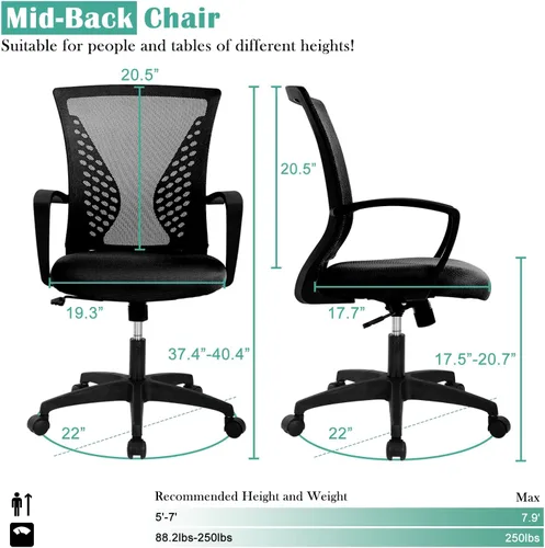 Miniatura 6 de Silla de oficina en casa, silla de escritorio ergonómica, respaldo medio, silla de computadora de PC con soporte lumbar y reposabrazos, silla