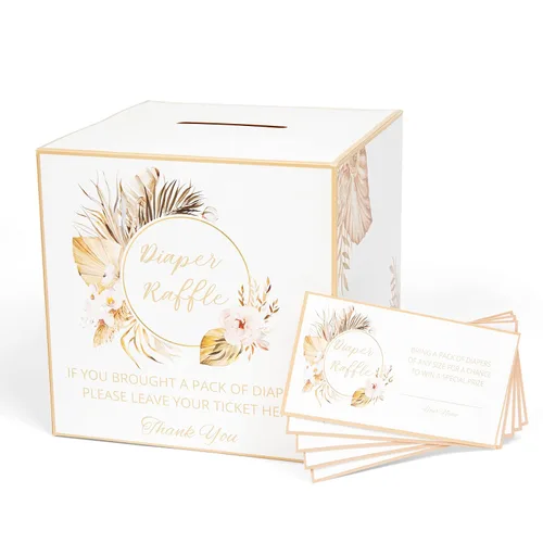 50 boletos para sorteo de pañales para baby shower, juegos de baby shower, decoraciones bohemias para baby shower, caja de rifa de pañales para baby