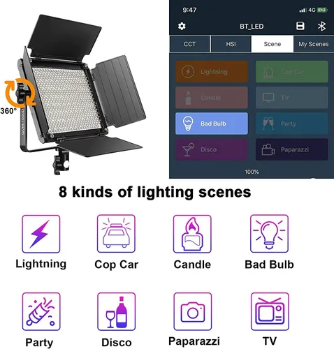 Miniatura 9 de GVM - Luz de video LED RGB con control Bluetooth, kit de iluminación de video 1000D PRO de 360° a todo color con 736 cuentas LED, 2 paquetes de luz