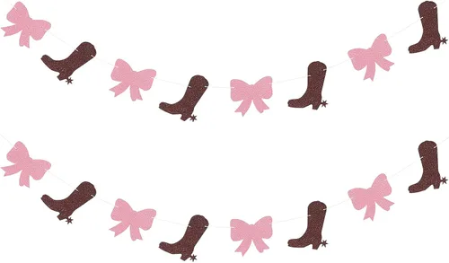 2 hebras de botas o lazos de revelación de género, guirnalda de papel, barra de postre, banderines de fondo para fiesta de niño o niña, color marrón