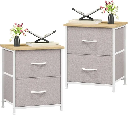 Miniatura 13 de Somdot - Mesita de noche, pequeña cómoda para dormitorio con 2 cajones, mesa auxiliar de noche con contenedores de tela para dormitorio, armario