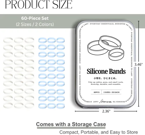 Miniatura 2 de Paquete de 60 bandas de silicona para organización y organización de cables, 2 tamaños (0.591 in y 0.787 in), antideslizantes, reutilizables