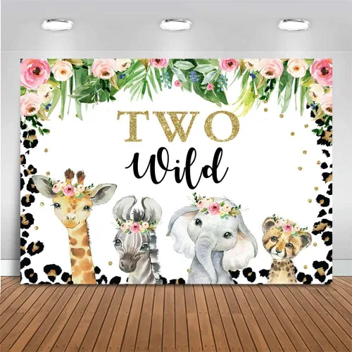 Mocsicka Fondo de dos salvajes para niñas, safari en la selva, animales de 2º cumpleaños, decoración de fiesta de cumpleaños floral, fondo de fotos