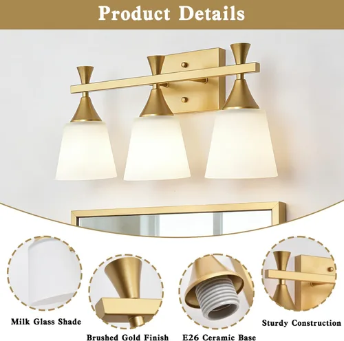 Miniatura 5 de Lámpara moderna de tocador de baño de 3 luces, lámparas de pared de vidrio de leche sobre el espejo, iluminación de tocador de oro cepillado