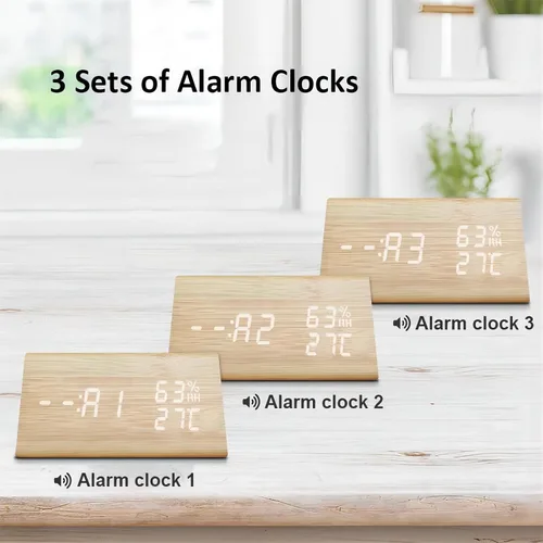 Miniatura 4 de Reloj despertador digital, LED electrónico de madera, pantalla de fecha de hora, detección de temperatura y humedad, 3 ajustes de alarma, brillo
