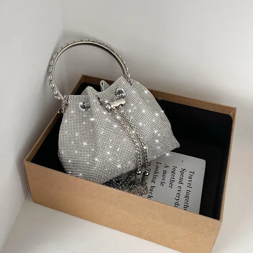 Miniatura 5 de QZUnique Bolso de cubo de diamantes de imitaciónlentejuelas con conjunto de joyas para mujer, bolso de noche plateado brillante con purpurina
