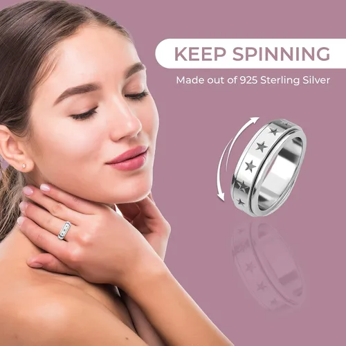 Miniatura 4 de Shop LC - Anillo giratorio de plata de ley 925, diseño de lunas y estrellas, anillo antiansiedad para mujeres y hombres, chapado en platino, joyería