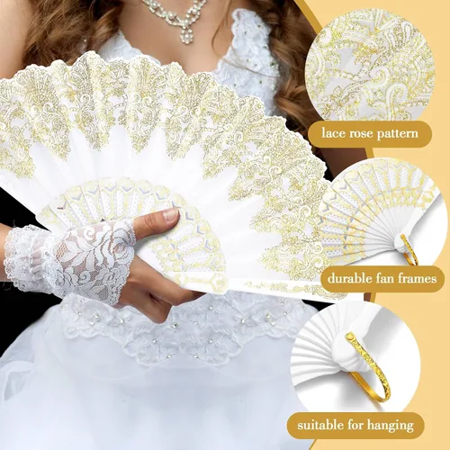 Miniatura 3 de Geelin - 50 piezas de abanicos de encaje plegables de mano para mujeres con bolsa de organza, abanicos europeos retro de encaje plegados para novia