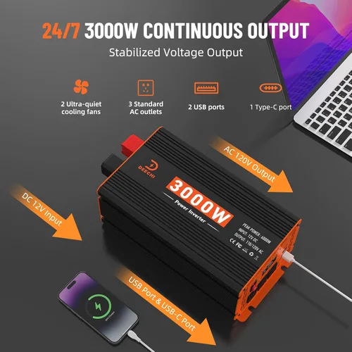 Miniatura 5 de Inversor de corriente de 3000 W de 12 V CC a 110 V/120 V CA convertidor para RV/camión/barco/campamento/inversor de energía solar fuera de la red