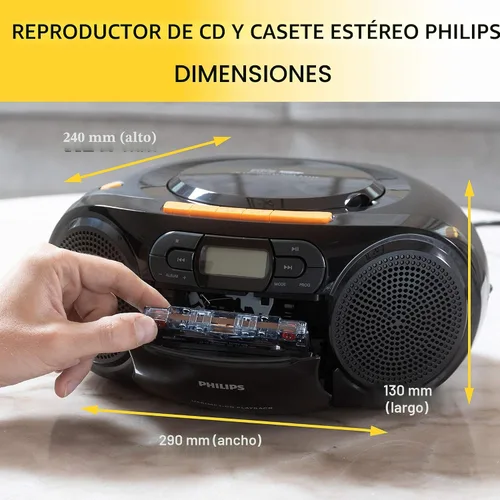 Miniatura 2 de Philips Reproductor de CD portátil Boombox - Reproductor de MP3 portátil y reproductor de cinta de casete, sistema de sonido estéreo compacto Boom