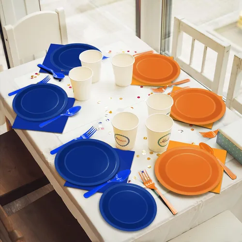 Miniatura 6 de Wiooffen 96 platos de fiesta de cumpleaños naranja y azul, servilletas, suministros de fiesta de guerra de dardos, vajilla desechable de papel