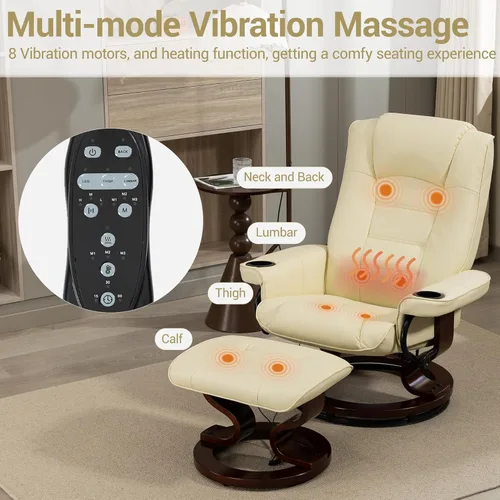 Miniatura 7 de Sillón reclinable de masaje de 8 puntos con otomana, silla reclinable de piel sintética climatizada con base de madera maciza, silla de TV