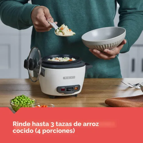 Miniatura 4 de BLACK+DECKER Olla arrocera de 3 tazas, RC503, 1.5 tazas de arroz crudo, cesta de cocción al vapor, recipiente antiadherente extraíble, un toque