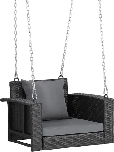 Miniatura 8 de Outvita Banco colgante de porche para 2 personas, banco de mimbre para exteriores con cojín y almohada para patio, jardín, soporta hasta 800 libras