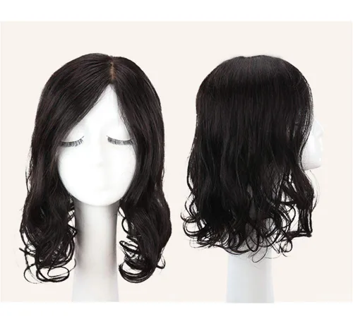 Miniatura 4 de Toppers de cabello humano real con clip, piezas onduladas natura, 6.3 x 6 pulgadas, base de seda, peluca para la frente para mujeres con cabello