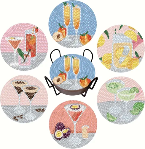 Miniatura 12 de Bulerrylulu Juego de 6 posavasos de pintura de diamantes con soporte, juego de posavasos de arte de diamante de paisaje para bebidas y mesa de café
