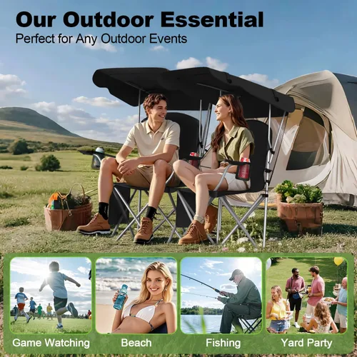 Miniatura 9 de VTOY Silla de camping portátil con dosel, silla plegable con toldo, silla Oxford 600D duradera para camping, playa, picnic, pesca y deportes
