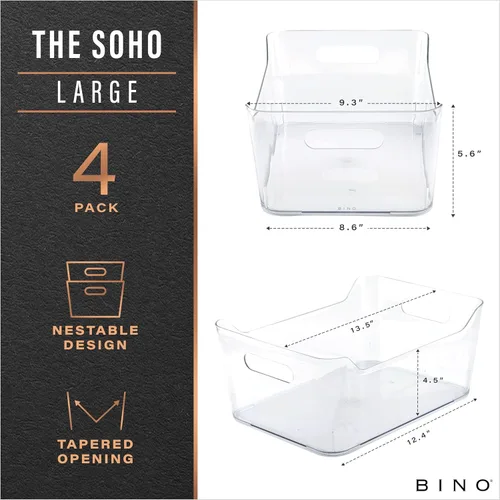 Miniatura 2 de BINO Contenedores organizadores de plástico, grandes, paquete de 4 de The SOHO Collection Multiusos Contenedores organizadores para despensa
