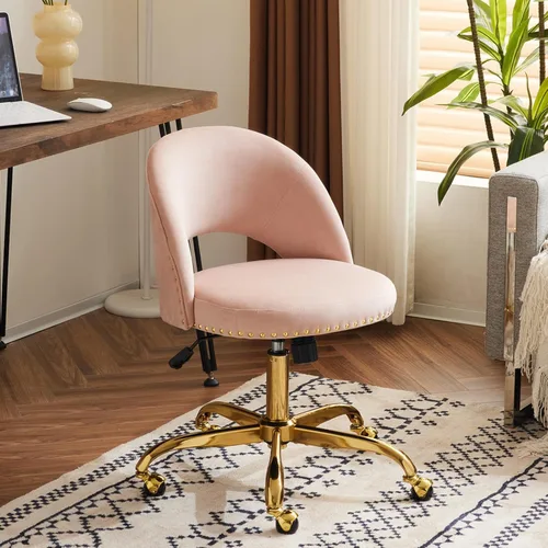 VINGLI Silla de oficina pequeña de terciopelo moderna, bonita silla de escritorio con ruedas, base dorada/tachuelas, cómoda silla giratoria sin Rosa