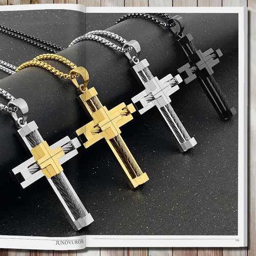 Miniatura 4 de JUNOVUROS Juego de collar de cruz para hombre grande y pequeño con 5 cadenas Rolo y 1 pulsera cubana, regalo de joyería religiosa con cruz