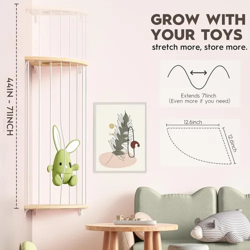 Miniatura 5 de Zoológico de almacenamiento de animales de peluche de esquina, organizador grande ajustable de juguetes de felpa de madera maciza, estante colgante