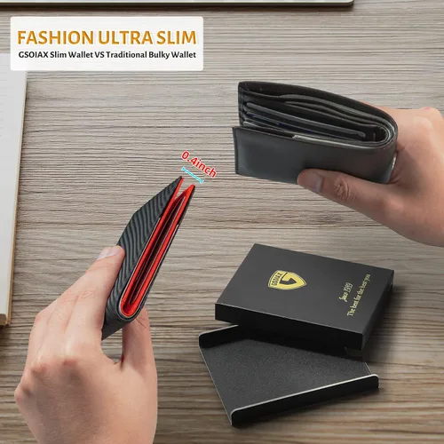 Miniatura 29 de GSOIAX Cartera delgada de cuero plegable RFID para hombre, billetera minimalista con bolsillo frontal con clip para dinero, 12 ranuras para Negro