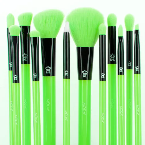 Miniatura 2 de MODA Juego de brochas de maquillaje verde neón, 12 piezas veganas para rostro y ojos, para base, rubor, polvo y sombra de ojos, cerdas sintéticas