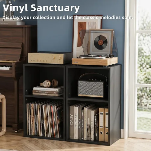 Miniatura 4 de YAHARBO Estantería de 2 cubos, soporte para tocadiscos negro con almacenamiento de vinilo de hasta 100 álbumes, estante horizontal para libros