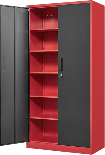 Miniatura 18 de Yizosh Armario de almacenamiento de metal para garaje con 2 puertas y 5 estantes ajustables, gabinete de archivo de acero con cerradura de 71