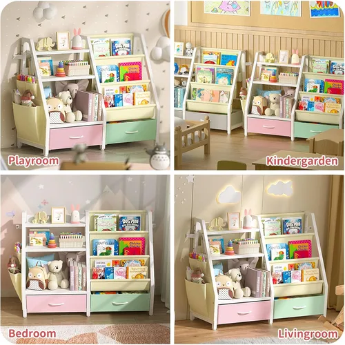 Miniatura 7 de Estantería para niños y organizador de juguetes Twinkoo, estante resistente de 3 niveles, estantería con bandeja y 2 contenedores de juguetes