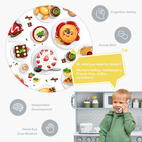 Miniatura 8 de KOTEK Juego de cocina de madera para niños pequeños con dispensador de agua y estufas/luces y sonidos, microondas, horno, teléfono y utensilios