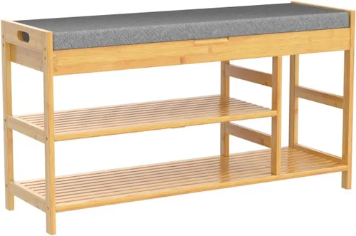 Miniatura 5 de HIFIT Banco Zapatero de Bambú con Almacenamiento, Banco de Almacenamiento de 2 Niveles para Entrada con Asiento Acolchado, Estante Organizador