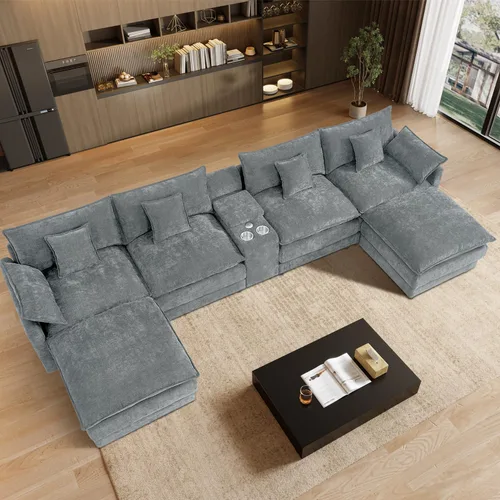 Miniatura 13 de Sofá modular de nube en forma de U de 162.6 pulgadas, sofá seccional para sala de estar, moderno sofá de nube de terciopelo de gran tamaño con Gris