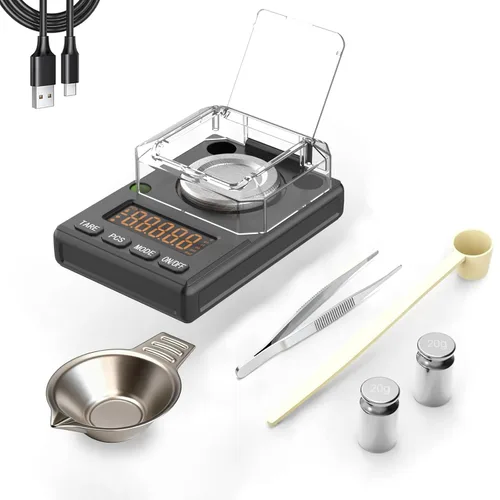 Báscula de miligramos de 3.53 oz x 0.00 oz, escala de polvo MG con apagado automático seleccionable, nivel de burbuja integrado, peso de calibración