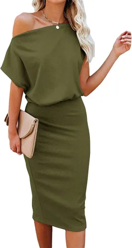 Ezbelle Vestido por debajo de la rodilla, ajustado, para mujer, con hombro descubierto y manga corta, vestido acanalado informal y de fiesta