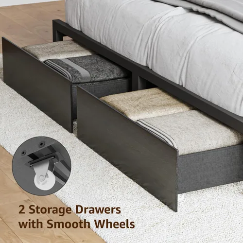 Miniatura 6 de DOGIBIXO Marco de cama negro de tamaño completo con 4 almacenamientos, marcos de cama de plataforma tapizados de terciopelo con cabecero capitoné
