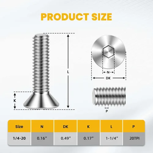 Miniatura 2 de Tornillos avellanados de cabeza plana de 1/4-20 x 1-1/4", tornillo avellanado, accionamiento de zócalo Allen, acero inoxidable 18-8 (304), rosca