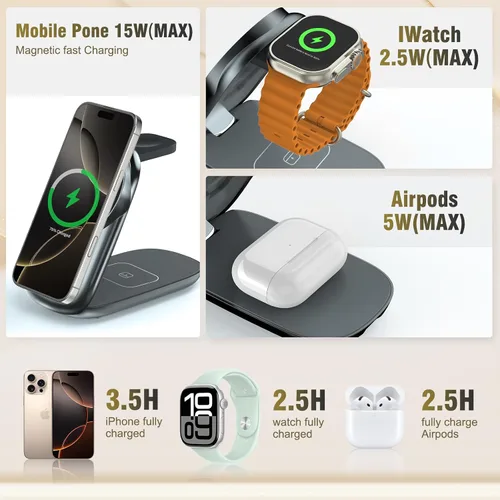 Miniatura 2 de Estación de carga plegable 3 en 1 para iPhone 16e/16/15/14/13/12 compatible con Apple Watch 10/9/8/7/6/5/4/3 Ultra, estación de carga inalámbrica