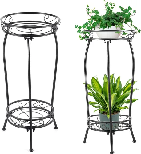 Kavlium Paquete de 2 Soportes para Plantas de Interior y Exterior, Soportes Altos de Metal Negro Resistentes al Óxido y Estables, Estante para