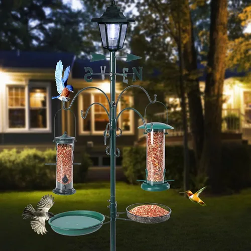 Miniatura 4 de Yinns Comedero para pájaros con poste al aire libre, gancho de pastor para comedero de pájaros, alimentador múltiple colgante con lámpara solar