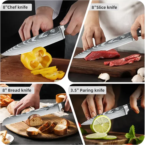 Miniatura 5 de Dfito Juego de cuchillos de chef con bolsa de rollo, juego de 9 cuchillos profesionales con afilador, juego de cuchillos de cocina de acero Negro