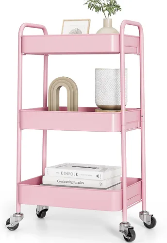Miniatura 8 de TOOLF Carrito de metal de 3 niveles con ruedas, carrito organizador de almacenamiento para cocina, baño, oficina, artículos esenciales para bebés