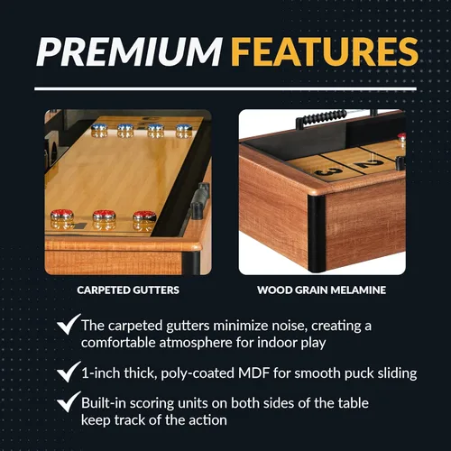 Miniatura 5 de Hathaway Daulton Mesa de shuffleboard de 9 pies para salas de juegos familiares con paredes laterales acolchadas, niveladores de patas, 8 discos
