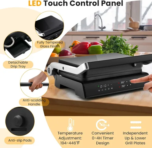 Miniatura 6 de COSTWAY Parrilla eléctrica de prensa Panini, sandwichera gourmet de 1200 W con platos antiadherentes de doble cara y bandeja de goteo extraíble